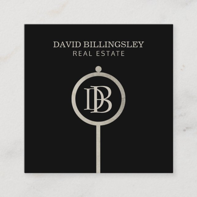 Luxe Grey Skeleton Key Monogram Realtor Square Business Card (Front)