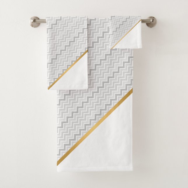 LUXE GREY WHITE CHEVRON GOLD BATH TOWEL SET (Insitu)