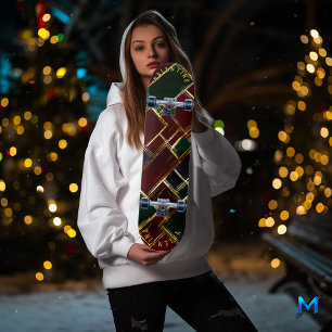 Luxe Holiday Plaid with Golden Accents Burgundy  Skateboard