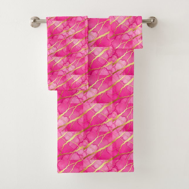 Luxe Hot Pink and Gold Marble Towel Set (Insitu)