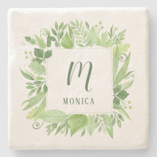 Luxe Leaves Green Botanical Frame and Monogram Stone Coaster