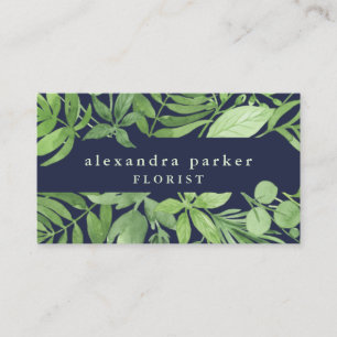 Luxe Leaves   Green Botanical Frame on Dark Blue Business Card