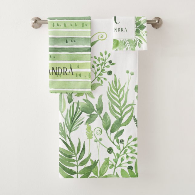 Luxe Leaves | Green Botanicals and Monogram Bath Towel Set (Insitu)
