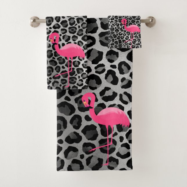 LUXE LEOPARD SILVER FLAMINGO BATHROOM TOWEL SET (Insitu)