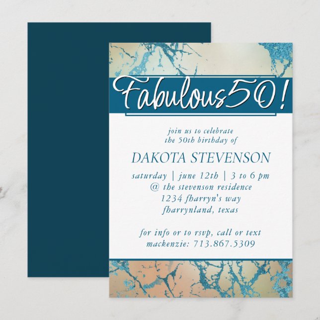 Luxe Marble | Beautiful Coral and Teal Fabulous 50 Invitation (Front/Back)