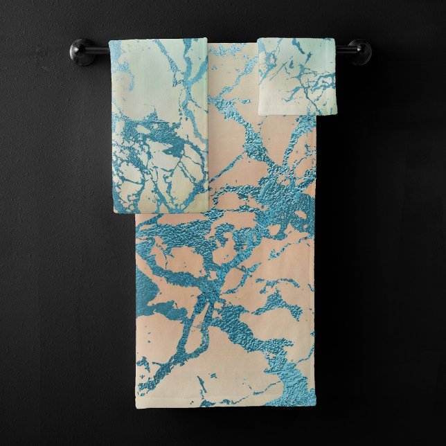 Luxe Marble | Beautiful Yellow and Coral Teal Vein Bath Towel Set (Creator Uploaded)