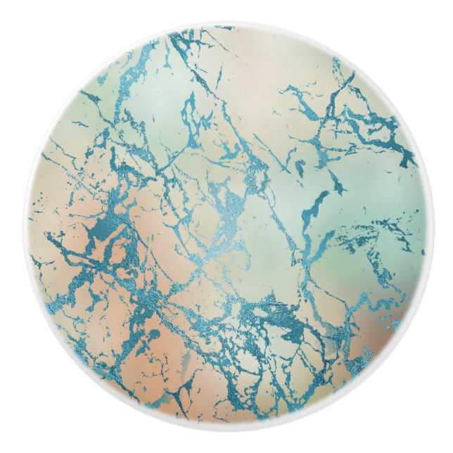 Luxe Marble | Beautiful Yellow and Coral Teal Vein Ceramic Knob (Front)