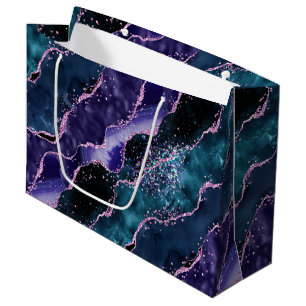 Luxe Marble Crystal Purple Teal Glitter Agate Large Gift Bag