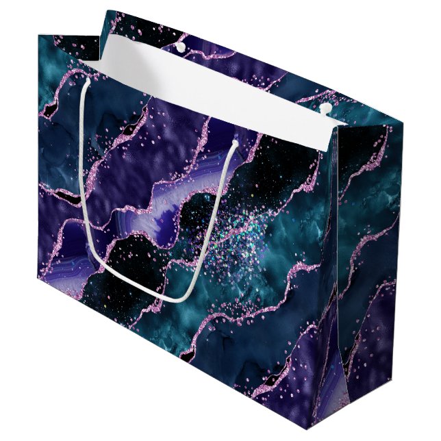 Luxe Marble Crystal Purple Teal Glitter Agate Large Gift Bag (Front Angled)