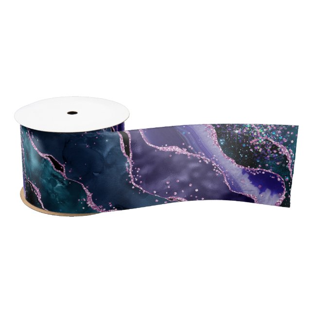 Luxe Marble Crystal Purple Teal Glitter Agate Satin Ribbon (Spool)