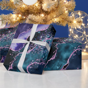 Luxe Marble Crystal Purple Teal Glitter Agate Wrapping Paper