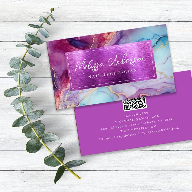 Luxe Marble Foil Purple QR Code Business Card (Creator Uploaded)
