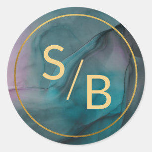 Luxe Marble Ink Wash Jewel Tones with Monogram Classic Round Sticker