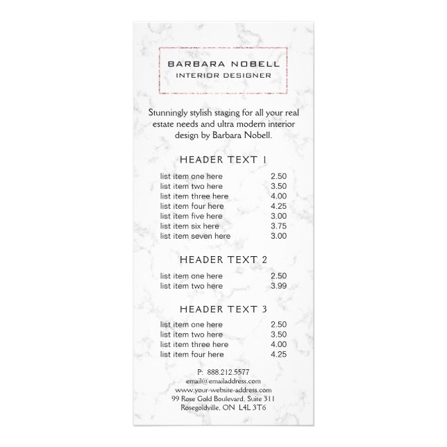 Luxe Marble Luxury Rose Gold Designer Rack Card (Front)