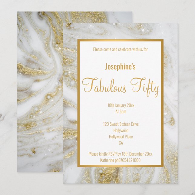 LUXE MARBLE PEARL GOLD ABSTRACT CUSTOM INVITATION (Front/Back)