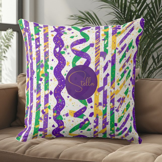 Luxe Mardi Gras Purple Gold Green Stripes Confetti Throw Pillow (Luxe Mardi Gras Purple Gold Green Stripes Confetti Throw Pillow)