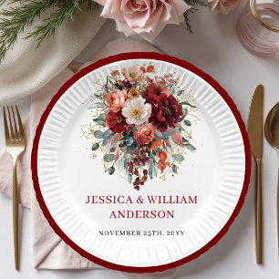 Luxe Marsala Autumn Floral Wedding Paper Plates