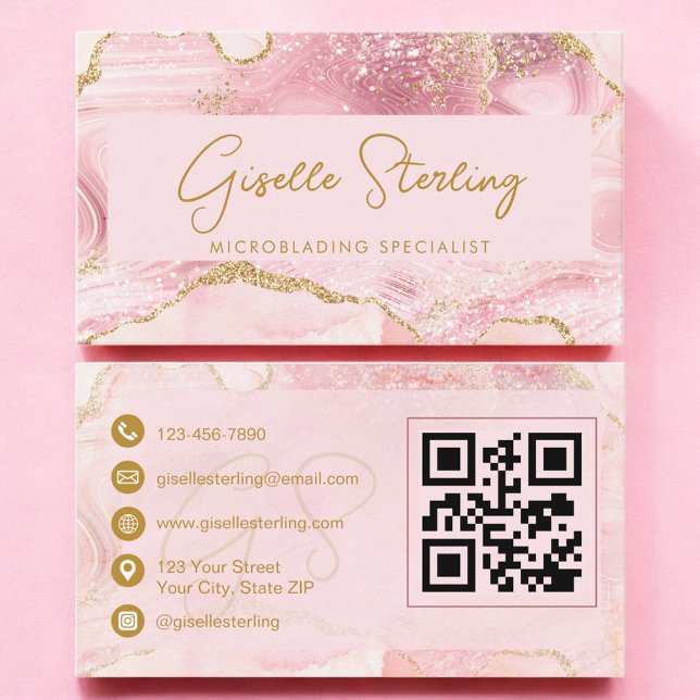 Luxe Microblading Blush Pink Gold Agate QR Code Business Card (Creator Uploaded)