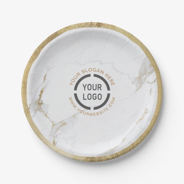 Luxe modern faux gold marble company logo paper plate (Front)