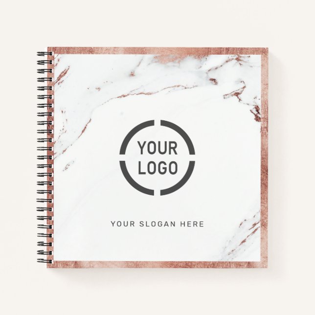 Luxe modern faux rose gold marble company logo notebook (Front)