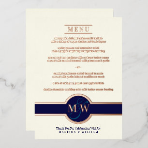 Luxe Monogram Modern Elegant Menu Navy Rose Gold
