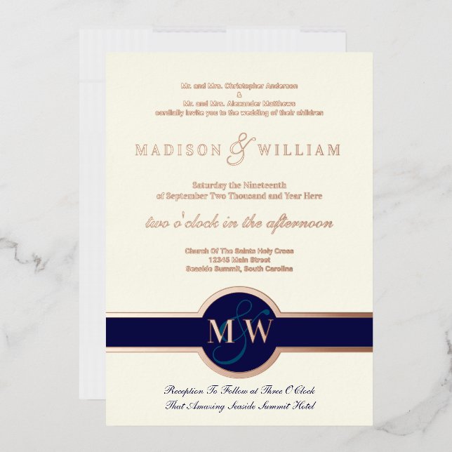 Luxe Monogram Modern Wedding Navy Rose Gold (Envelope)
