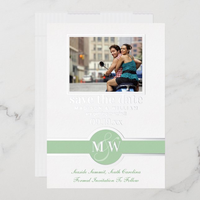 Luxe Monogram Photo Save The Date Green Silver (Envelope)
