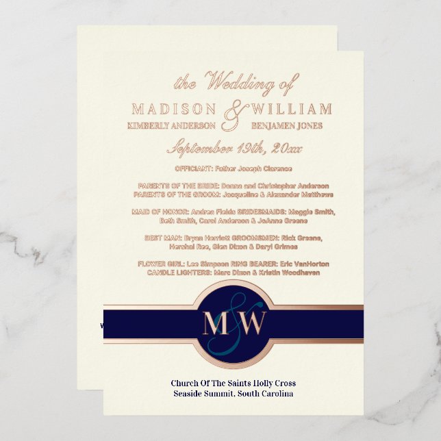 Luxe Monogram Wedding Programme Marine Rose Gold (Recto/Verso)