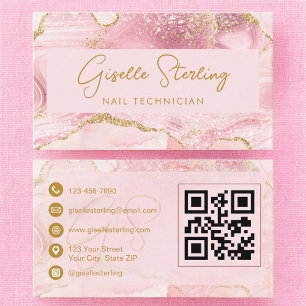 Luxe Nail Technician Blush Pink Gold Agate QR Code Business Card