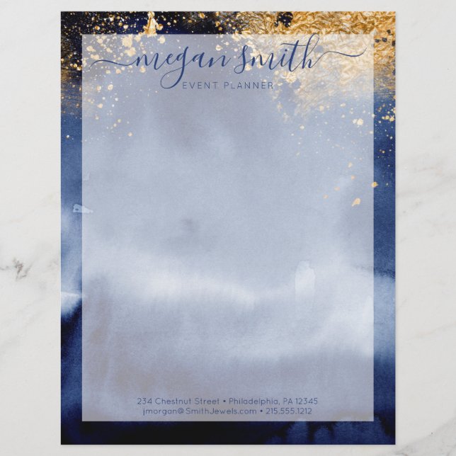 Luxe Navy Blue Gold Watercolor Modern Letterhead (Front)