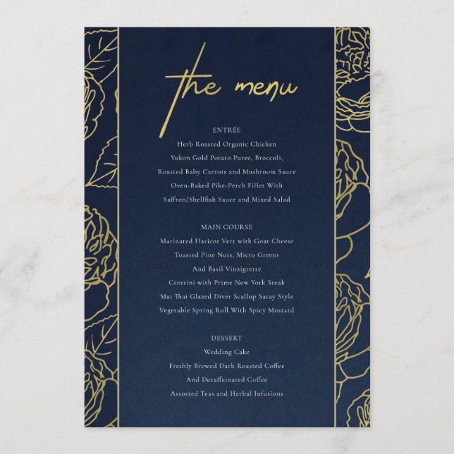 LUXE NAVY FAUX GOLD KRAFT ELEGANT MENU FLORAL ROSE (Devant)