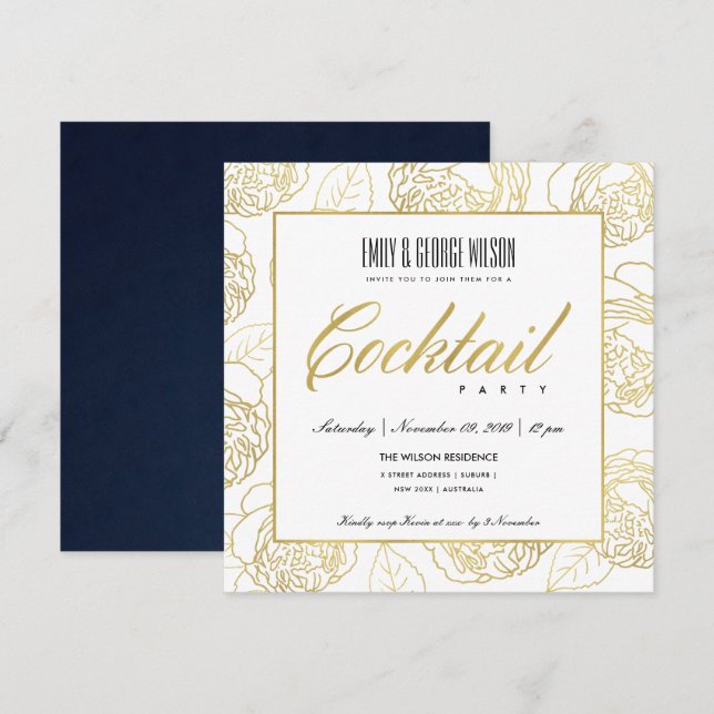 LUXE  NAVY FAUX GOLD ROSE FLORAL COCKTAIL PARTY INVITATION (Front/Back)