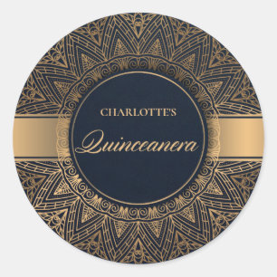 LUXE NAVY GOLD CLASSIC ORNATE MANDALA QUINCEANERA CLASSIC ROUND STICKER