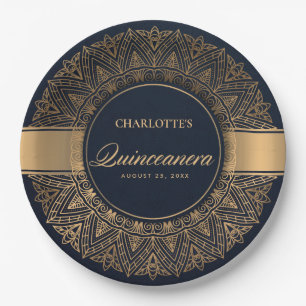 LUXE NAVY GOLD CLASSIC ORNATE MANDALA QUINCEANERA PAPER PLATE