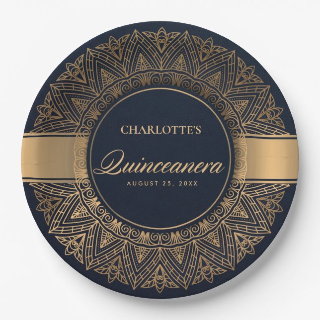 LUXE NAVY GOLD CLASSIC ORNATE MANDALA QUINCEANERA PAPER PLATE (Front)