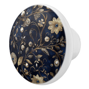 Luxe Navy Gold Floral Ceramic Knob