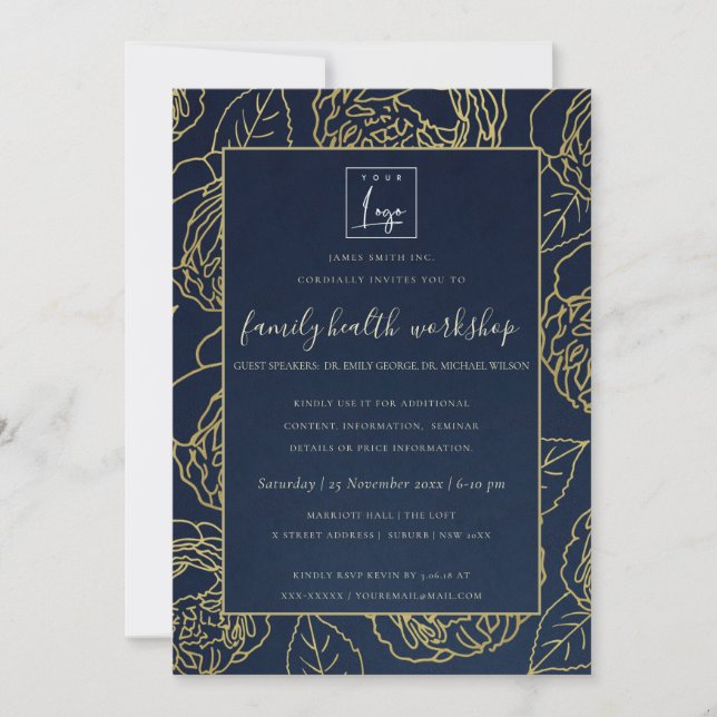 LUXE NAVY GOLD KRAFT ROSE FLORAL WORKSHOP EVENT INVITATION (Front)