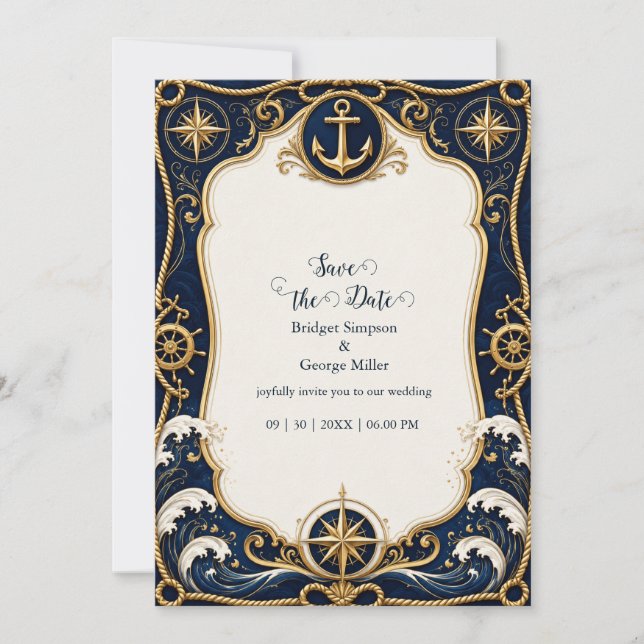 Luxe Navy Gold Nautical Wedding Anchor Invitation (Front)