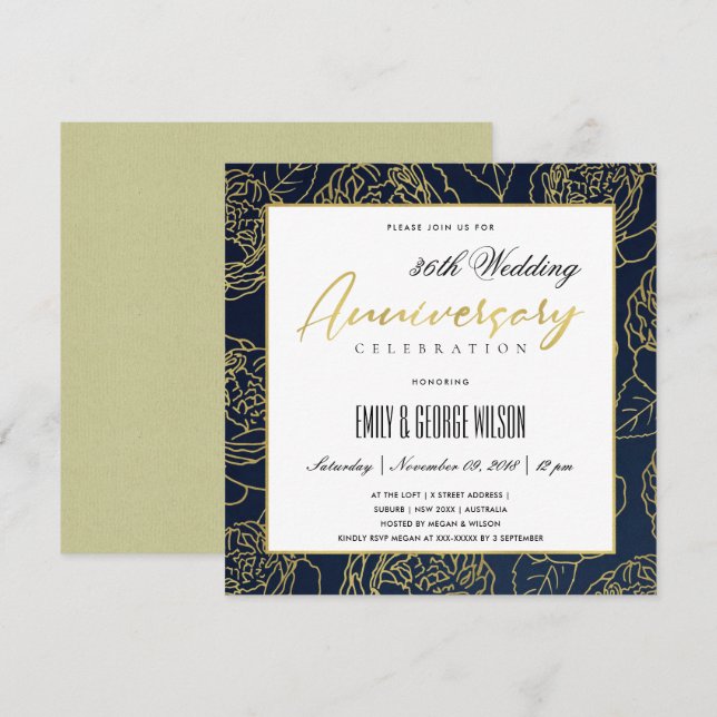 LUXE NAVY GOLD ROSE FLORAL ANY YEAR ANNIVERSARY INVITATION (Front/Back)