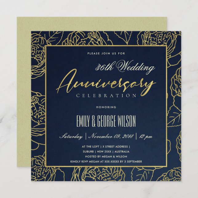 LUXE NAVY GOLD ROSE FLORAL ANY YEAR ANNIVERSARY INVITATION (Front/Back)