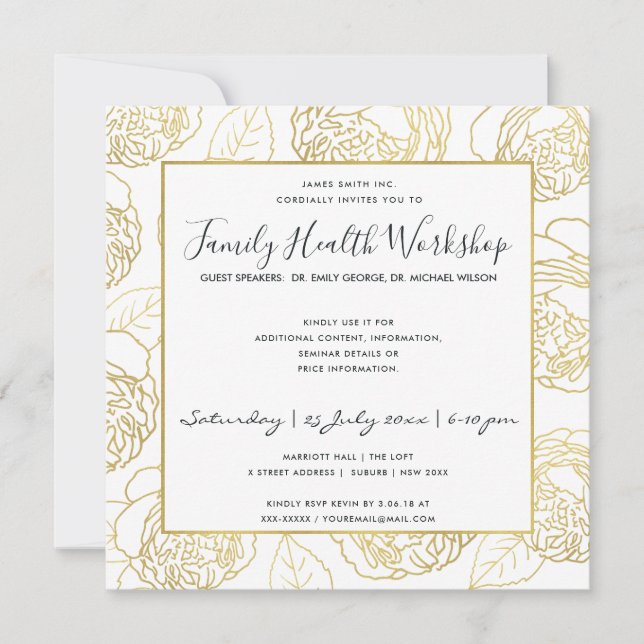 LUXE NAVY GOLD WHITE ROSE FLORAL WORKSHOP EVENT INVITATION (Front)