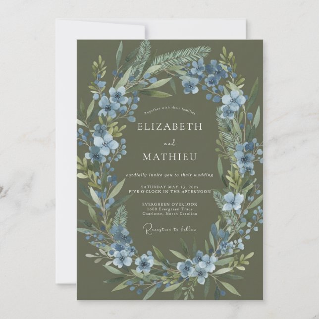 Luxe Olive Cornflower Wreath Wedding Invitation (Front)