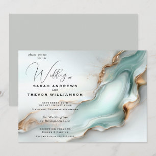 Luxe Opal Teal Gold Fluid Alcohol Ink Invitation