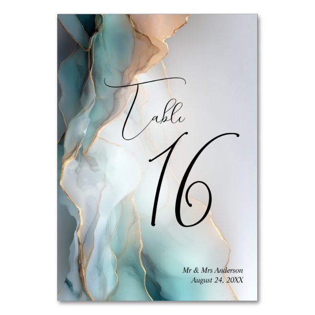 Luxe Opal Teal Gold Fluid Alcohol Ink Table Number (Front)