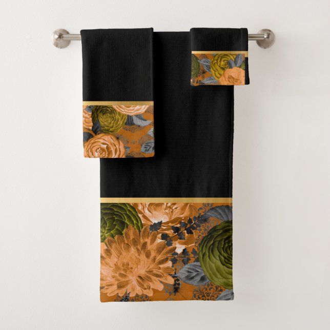 LUXE ORANGE BLACK GOLD ROSE PRINT BATHROOM BATH TOWEL SET (Insitu)
