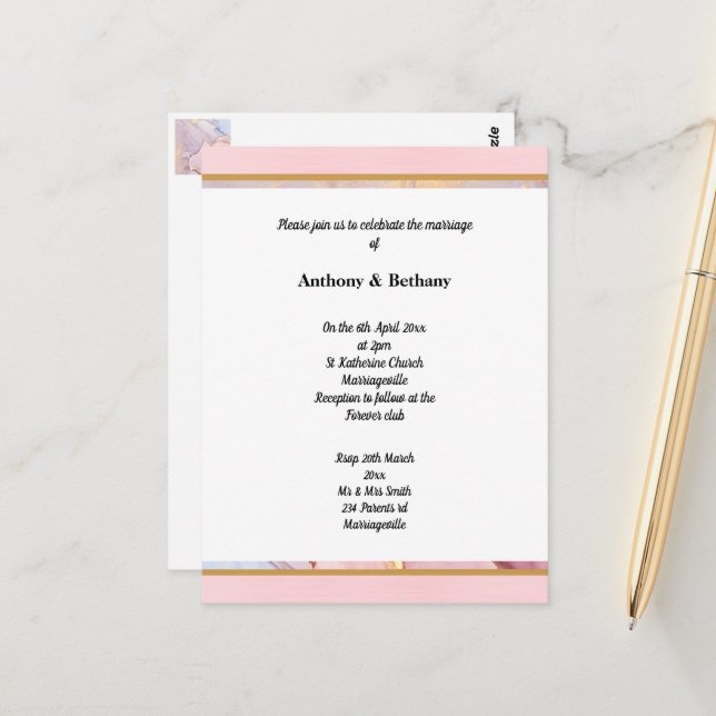 LUXE PASTEL GOLD MARBLE WEDDING INVITATION   POSTCARD (Front/Back In Situ)