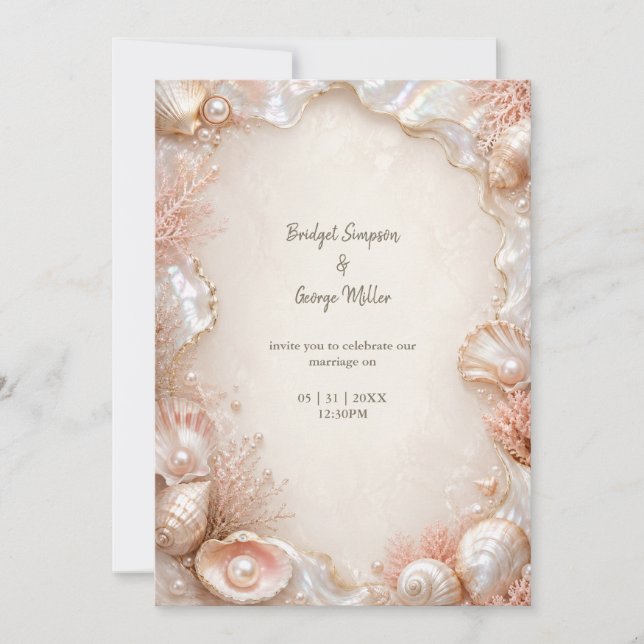 Luxe Pearl Seashell Wedding glamour Romance Invitation (Front)