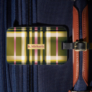 Luxe Personalized Olive Green, Gold & Pink Plaid Luggage Tag