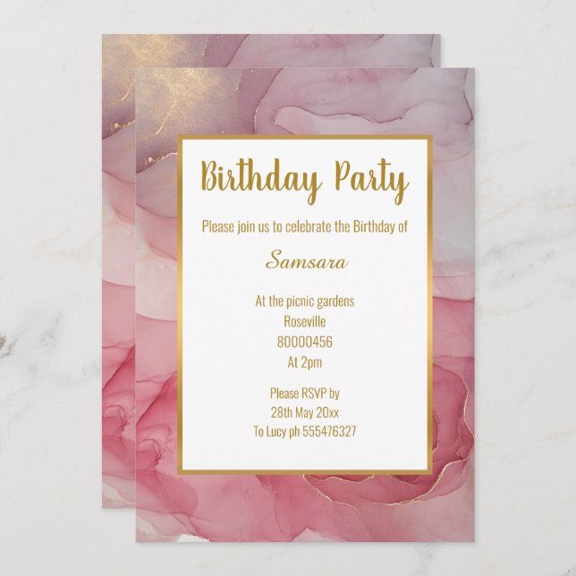 LUXE PINK BLUSH MARBLE ROSE BIRTHDAY INVITATION (Front/Back)