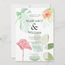 Luxe Pink Flamingo, green Tropical foliage wedding